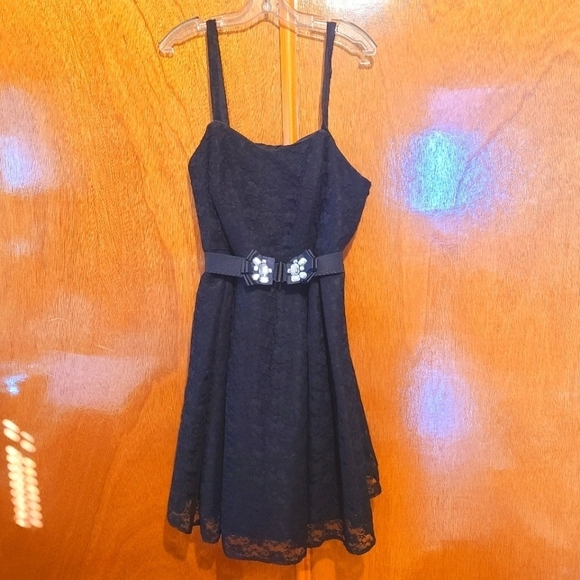 Black Lace Formal Dress with Rhinestone Belt - Picture 1 of 8